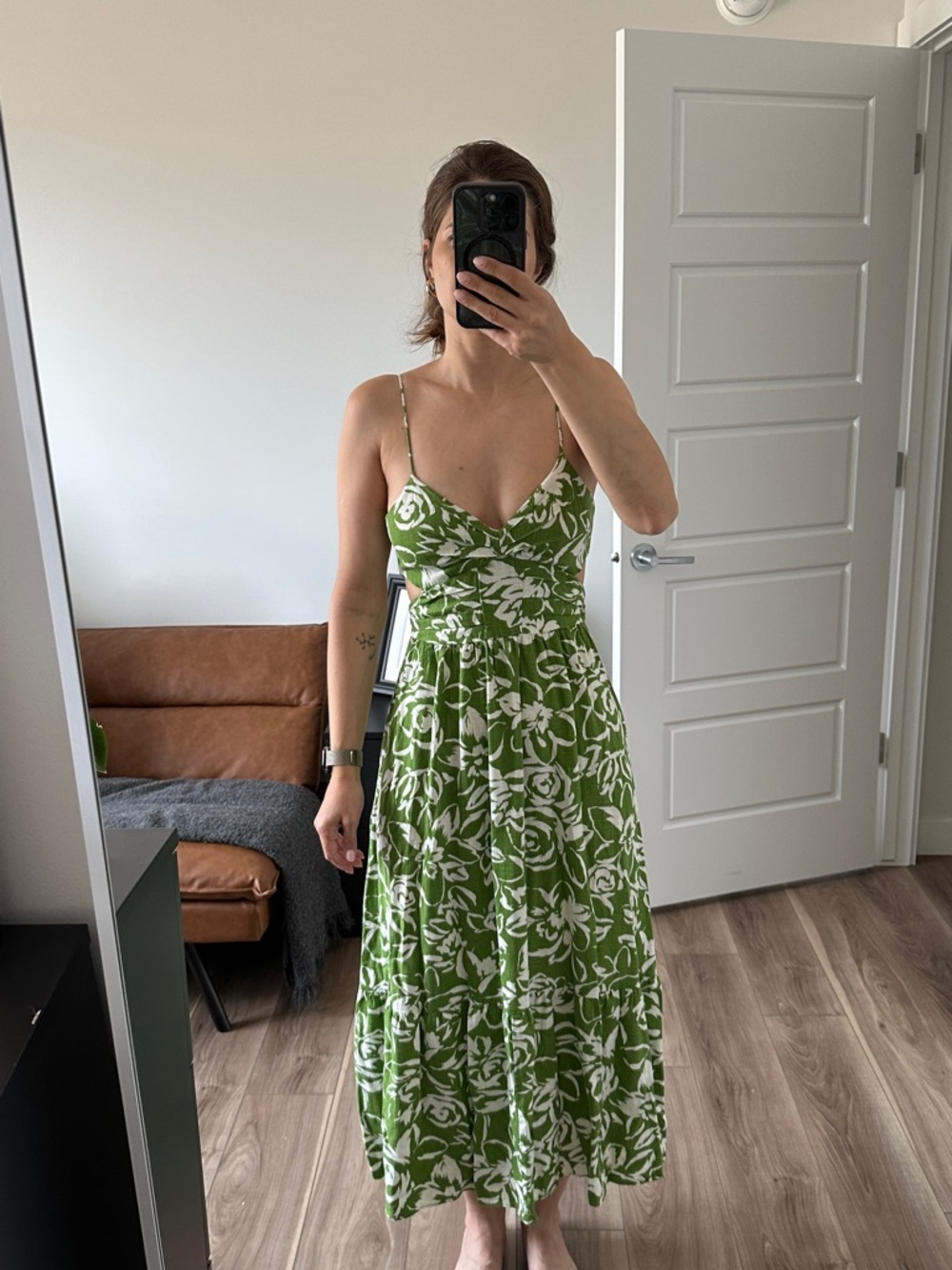 Zara Green and White Floral Spaghetti-Strap Maxi Dress